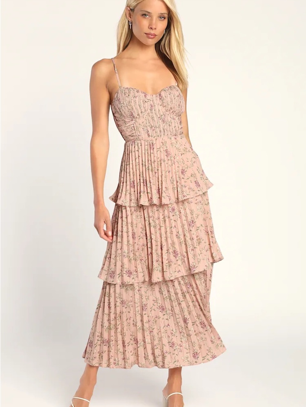 Lulu’s Cascading Crush Pink Floral Print Tiered Bustier Midi Dress Size Small